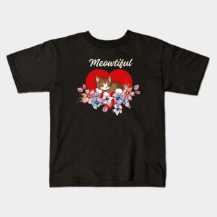 Meowtiful Cat sleeping softly on a red heart surrounded by flowers! Kids T-Shirt